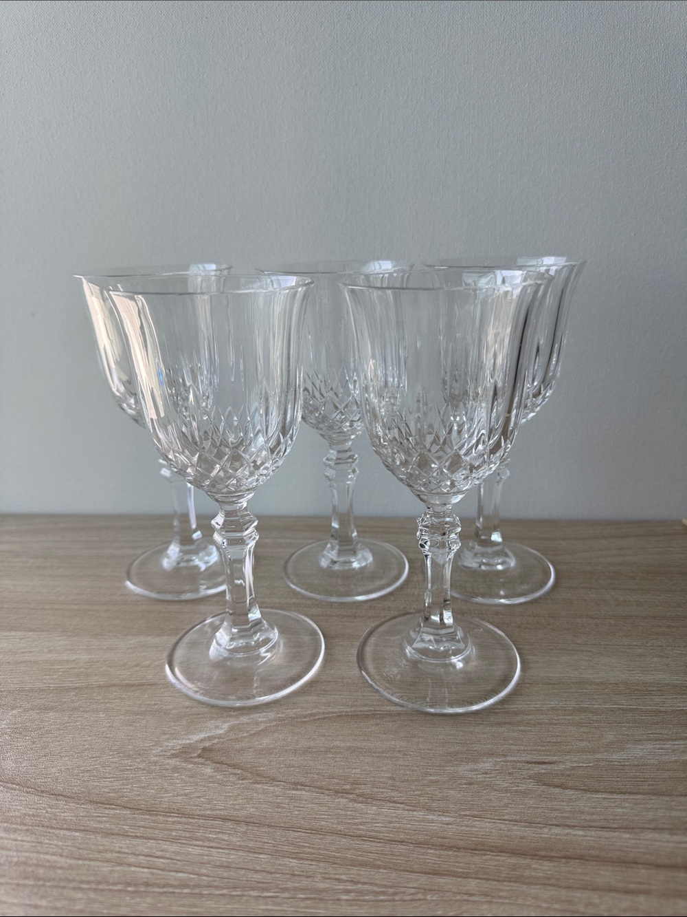 Vintage Cut Crystal Wine Goblets Set of 5 Faceted Stem Elegant Barware